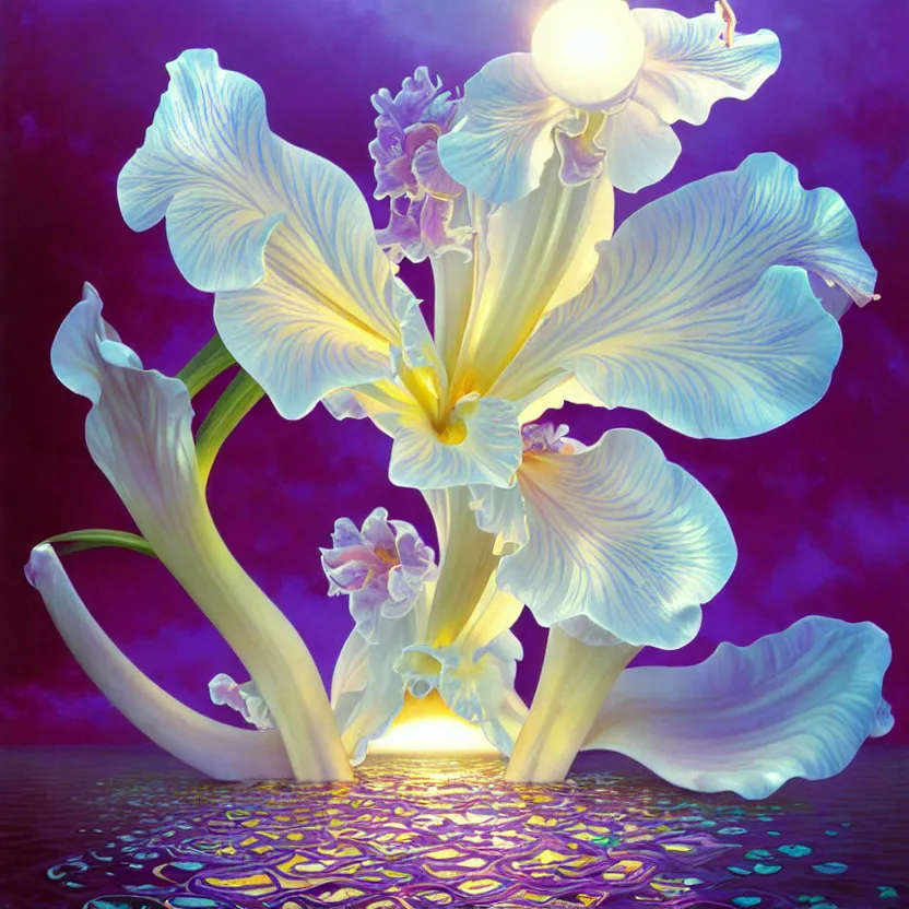 Image similar to detailed giant white holographic orchid iris hybrid flower surrounded by ocean waves, lsd water, lsd ripples, droplets, backlit, sunset, refracted lighting, art by collier, albert aublet, krenz cushart, artem demura, alphonse mucha