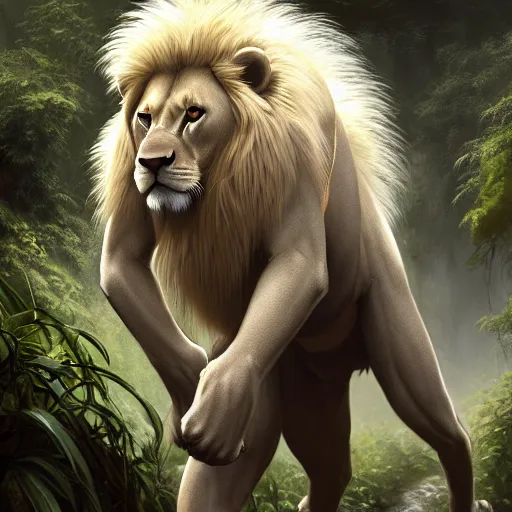 Image similar to commission portrait of a male anthro albino lion,wearing cargo pants and a boack t-shirt,going through a jungle cautiously.dramatic,character design by charles bowater,greg rutkowski,ross tran,hyperdetailed,hyperrealistic,4k,deviantart,artstation,professional photography,concept art