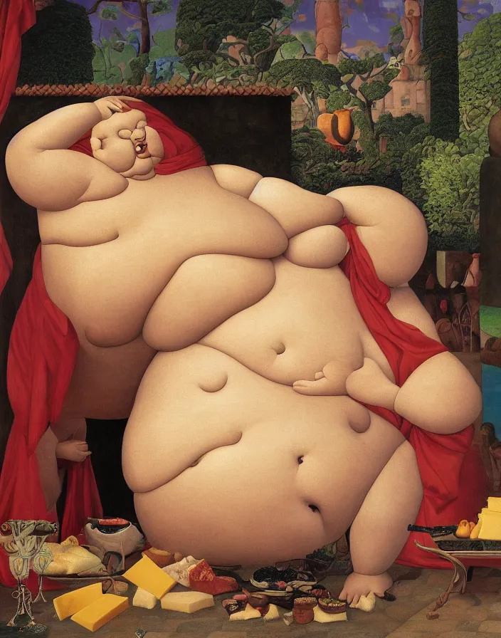 Prompt: obese ancient creature looking straight at camera, sitting in a bathtub full of food, by fernando botero, cheese, oliven oil, grease, food, intricate details