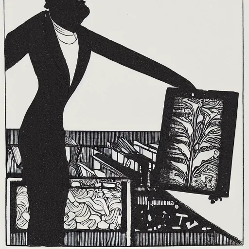 Image similar to Moodymann browsing a crate of reocrds, black ink illustration, woodblock print, by Aubrey Beardsley