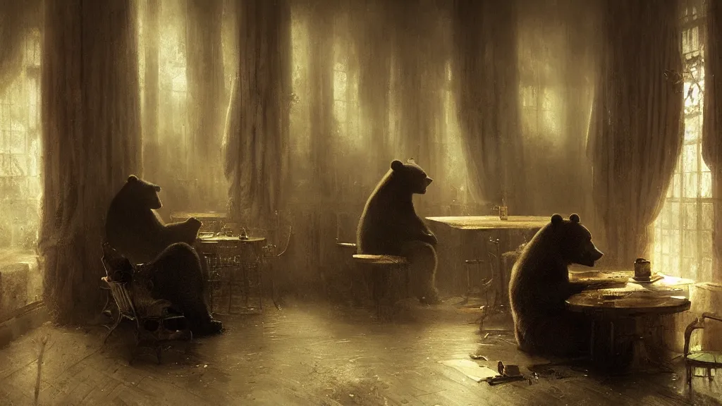 Image similar to bear gambler sitting alone in the melancholy club. andreas achenbach, artgerm, mikko lagerstedt, zack snyder, tokujin yoshioka