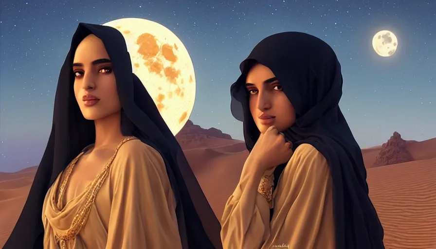 Prompt: Portrait of very very very very very very beautiful Arab woman wearing a burqa, glowing gold eyes, under giant full moon in the desert, intricate, elegant, highly detailed, digital painting, artstation, concept art, smooth, sharp focus, illustration, art by WLOP and artgerm and greg rutkowski and alphonse mucha