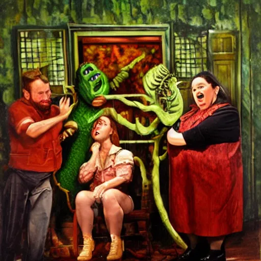 Image similar to Little Shop of Horrors as a Shakespearean tragedy, realistic oil painting