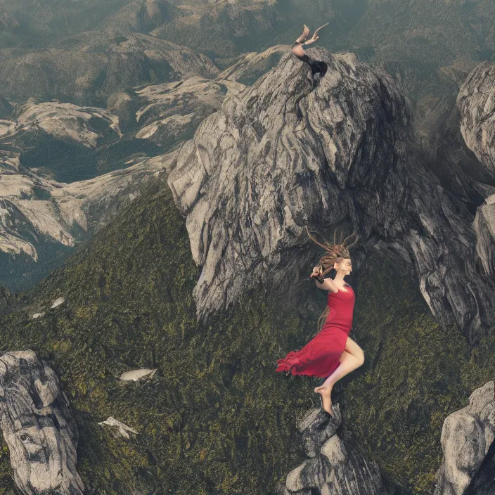 Image similar to a woman dancing on top of a very high surreal building on top of the mountains, nature, plants, fire, rocks, water, bark, hyper realism, high detail, octane render, 8k, chrome accents
