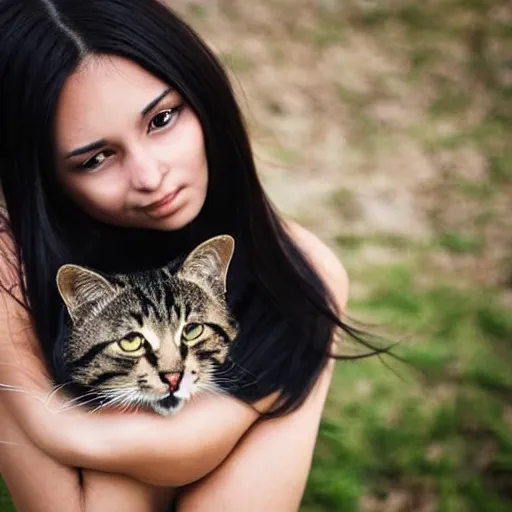 Image similar to a girl with long dark hair, big and shiny black eyes and her tabby cat, a stock photo by juan villafuerte and minerva j. chapman, pexels contest winner, high quality photo, rtx, hd, tumblr contest winner, anime, pretty, sensual