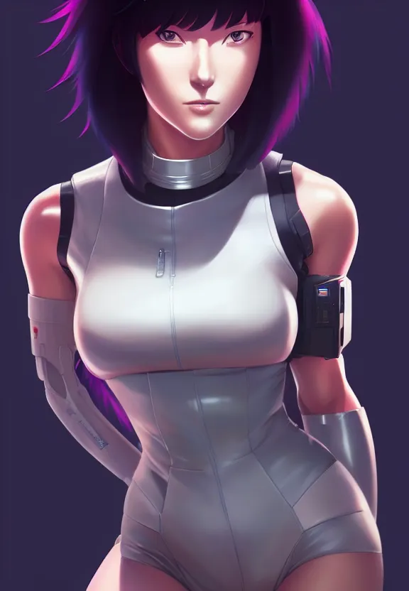 Image similar to a fullbody portrait of motoko kusanagi the major ghost in the shell : : connected to cables, under repairs, maintenance area, technicians : : by ilya kuvshinov, rossdraws, artgerm, sola digital arts, anti aliasing, raytracing : :