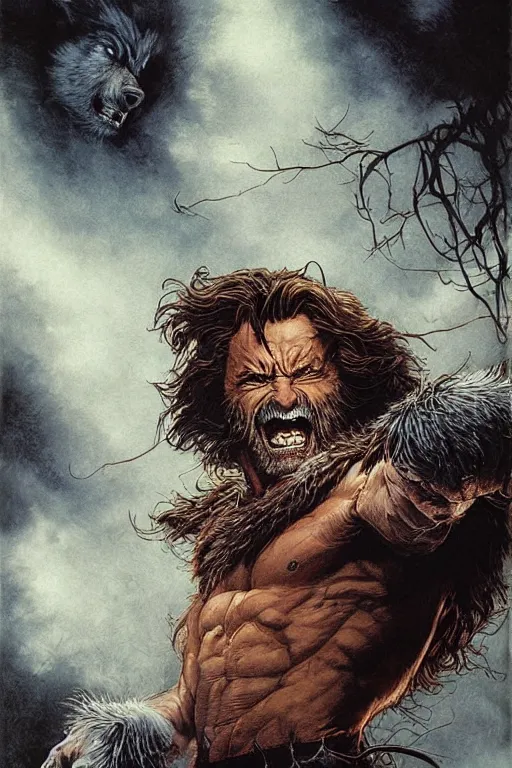 Image similar to hugh jackman as the wolfman, jean baptiste monge, alan lee, dan mumford, alex horley, cedric pavravernay, jc leyendecker, james jean, realistic painting, highly detailed