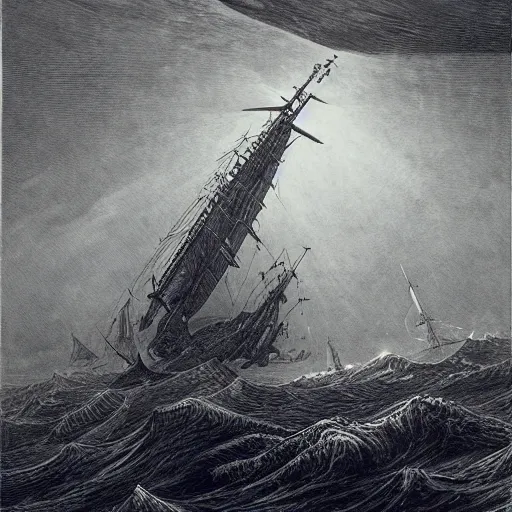 Prompt: giant sea dragon attacking a ship, by gustave dore