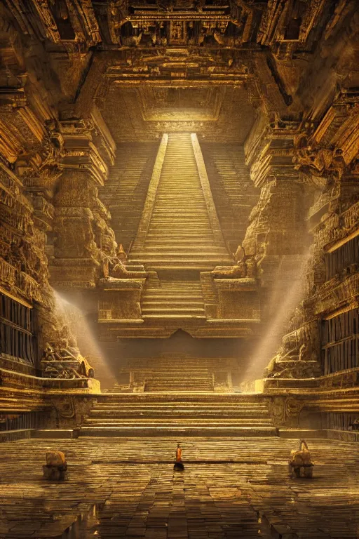 Image similar to inside a majestic aztec temple made of gold, intricate, elegant, volumetric lighting, digital painting, highly detailed, artstation, sharp focus, illustration, concept art, ruan jia, steve mccurry