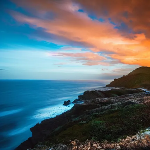 Image similar to micro - hurricane, blue hour, early night, deep blue atmosphere, very late evening, sundown, scattered islands, sea, ocean, low pressure system, cloud with eye, very windy, late evening, distant hotel retreat on cliffside, shining lights on cliff side, polaroid photograph