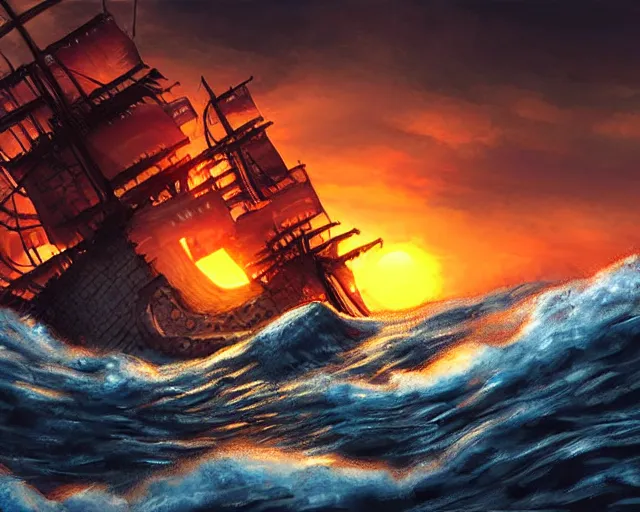 Image similar to Kraken destroying a pirate ship, tumultuous sea, sunset, digital art by dreamworks