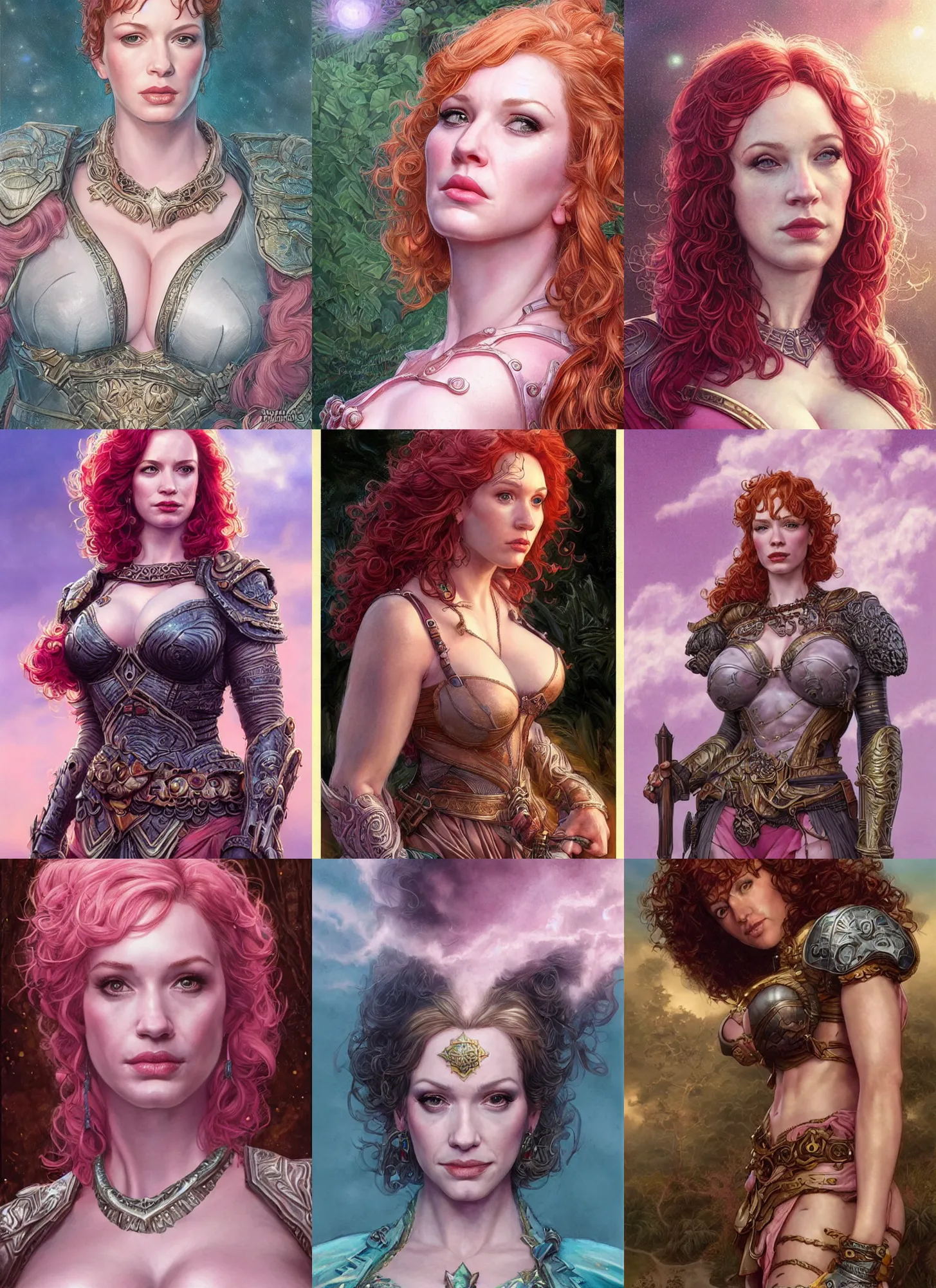 Prompt: epic portrait of unimpressed Christina Hendricks as a ruggedly handsome Amazon heroine, intricate, elegant, highly detailed, centered, artstation, sharp focus, illustration, pink cloud bokeh, art by Artgerm and Donato Giancola and Joseph Christian Leyendecker