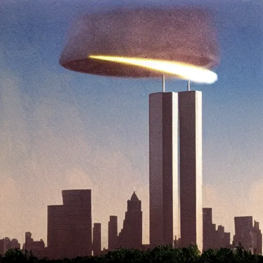 Image similar to UFO crashing into Twin Towers