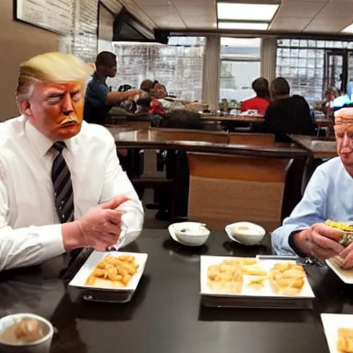 Image similar to photograph of trump and Biden sitting and eating breakfast at a Wafflehouse