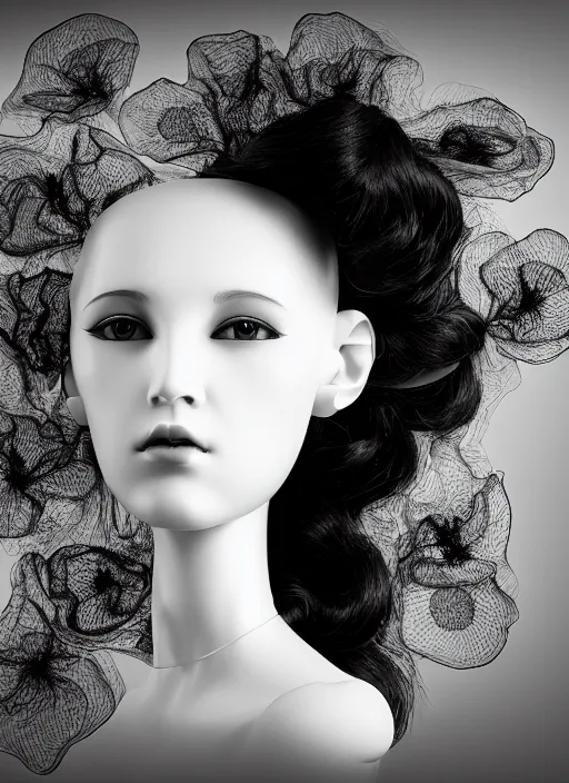 Image similar to black and white dreamy profile face portrait, biomechanical beautiful angelic young female cyborg - robot - doll with long white curly hair, body ribs meshes, volumetric light, hibiscus flowers, rim light, big gothic fashion pearl embroidered collar, 1 9 3 0, 8 k