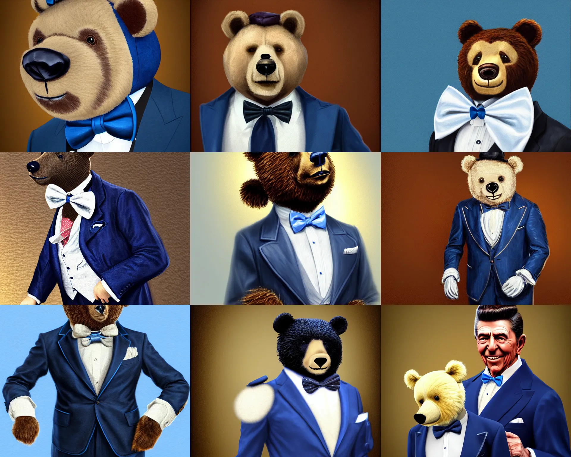 Prompt: edward's bear - headed assistant is wearing a jacket with a white bowtie. ted shawn's bear has been dressed like walt disney's butler. ronald reagan was a man of classical realism., intricate, elegant, highly detailed, digital painting, blue light, artstation, concept art,