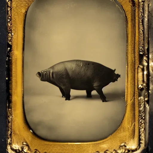 Image similar to tintype photo, swimming deep underwater, alien pig