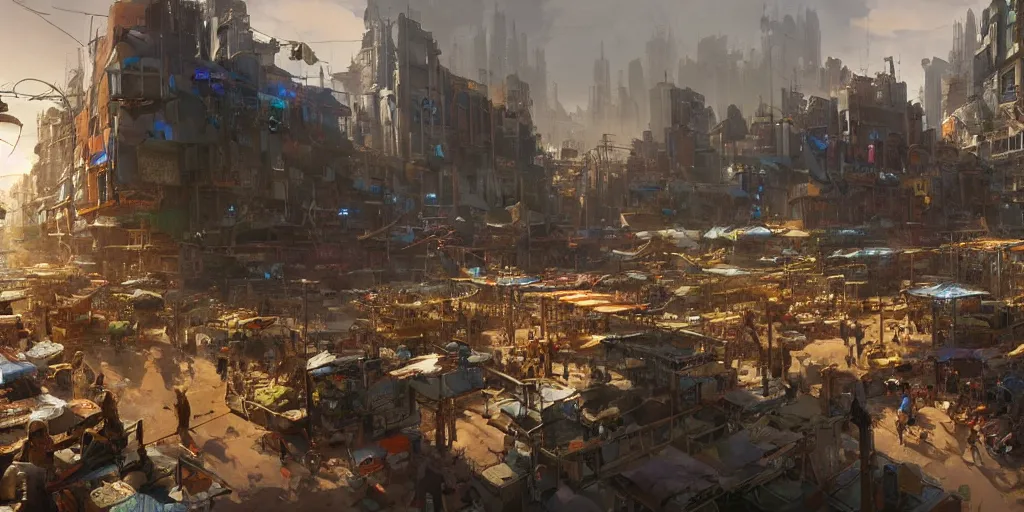 Prompt: screenshot of a vibrant marketplace in a massive makeshift city, dappled light, colossal arcing metal structures high in the sky, beautiful, awe inspiring, fps, by craig mullins, james gurney, greg rutkowski, sparth, mucha, cinematography, cinematic masterpiece