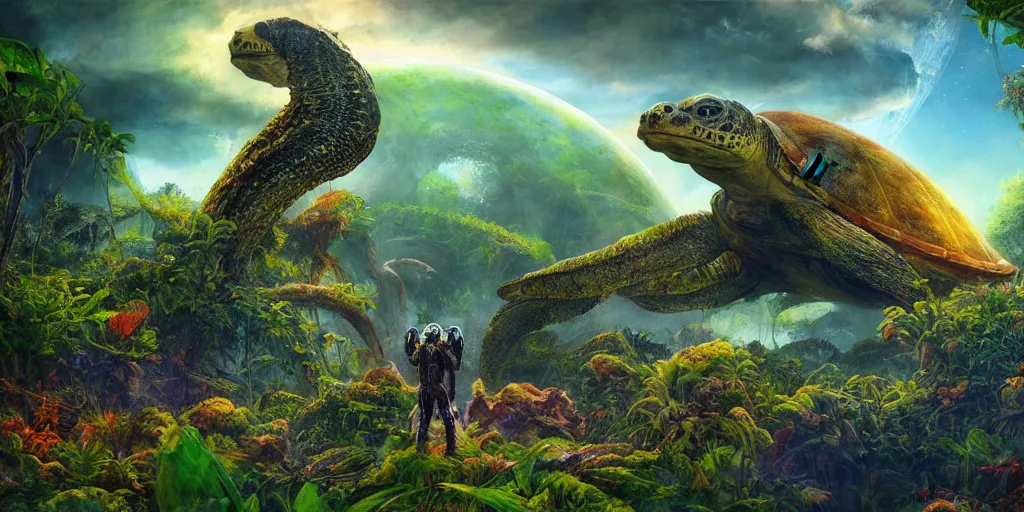 Image similar to fantasy oil painting, klattu's spacecraft, outer worlds, great leviathan, turtle cephalopod terrapin reptilian pachyderm amphibian hybrid, rainforest mountains, lush plants flowers, epic natural light, bright clouds, luminous sky, bright cinematic key lighting, michael cheval, michael whelan, vray, 8 k hd