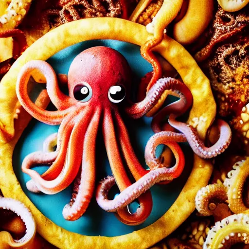 Image similar to octopus made of steel eating fastfood, 5 5 mm