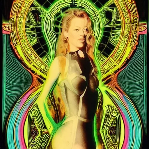 Image similar to young Jeri Ryan in the role of Seven of Nine the Borg from star trek, art nouveau, amazing details, intricate details, beautiful ,insane details , tarot card, black paper, neon green, fractal system circuit , in the style of Alphonse Mucha,