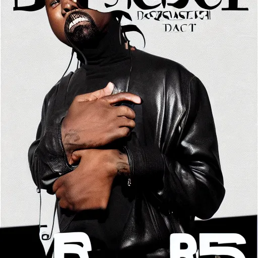 Image similar to Surrealist digital magazine collage art of Kanye West wearing his Donda Listening Party black spiked leather balenciaga jacket and black mask, monochromatic