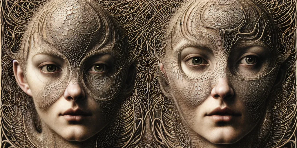 Image similar to detailed realistic beautiful cyborg face portrait by jean delville, gustave dore, iris van herpen and marco mazzoni, art forms of nature by ernst haeckel, art nouveau, symbolist, visionary, gothic, neo - gothic, pre - raphaelite, fractal lace, intricate alien botanicals, ai biodiversity, surreality, hyperdetailed ultrasharp octane render