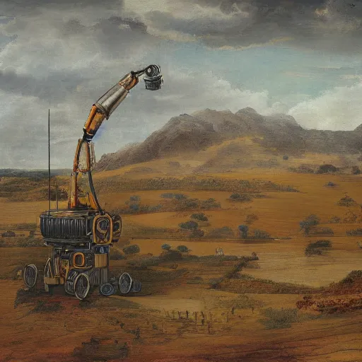 Image similar to a machine with 6 mechanical arms painting a landscape