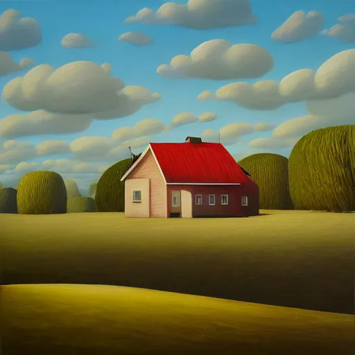 Image similar to a painting of a farm house, an ultrafine detailed painting by rafal olbinski, behance contest winner, pop surrealism, detailed painting, very detailed, minimalist, skeuomorphic, airbrush art