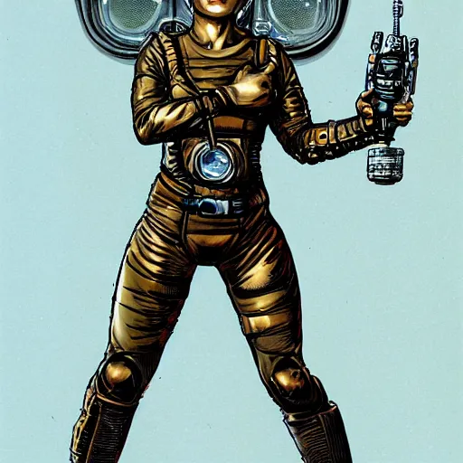 Prompt: a muscular bronze - skinned silver - eyed woman warrior wearing flight suit and kevlar vest, holding a ray gun, at spaceship airlock, highly detailed, ron cobb, alien 1 9 7 9, mike mignola, trending on art station, illustration, comic book