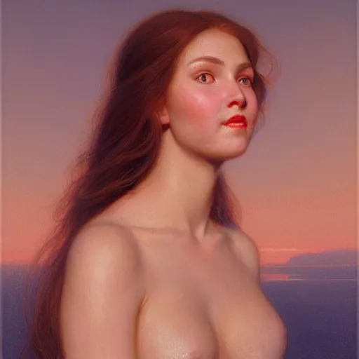Image similar to Facial portrait of a cute shy woman, looking away from the camera, seductive smile, sparkle in eyes, mouth slightly open, lips slightly parted, long flowing hair, no hands visible, intricate, extremely detailed painting by Henry Justice Ford and by Greg Rutkowski and by Moebius, golden hour