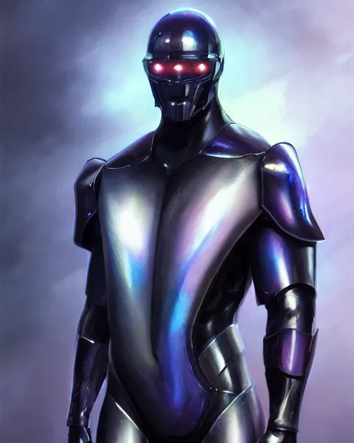 Image similar to muscled character concept of iridescent sinewy smooth muscular male sleek glossy indigo black pearlescent scifi armor with continuous smooth black featureless helmet, by greg rutkowski, mark brookes, jim burns, tom bagshaw, magali villeneuve, trending on artstation