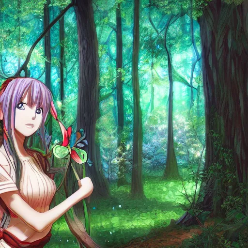 Prompt: anime girl in a forest portrait stylized anime artstation trending 4 k church stained glass painting mosaic strong colors highly detailed digital painting smooth sharp lines detailed background lighting bokeh