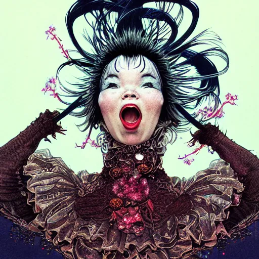 Image similar to portrait of crazy screaming beautiful singer bjork, big ribbon, ymmetrical, by yoichi hatakenaka, masamune shirow, josan gonzales and dan mumford, ayami kojima, takato yamamoto, barclay shaw, karol bak, yukito kishiro