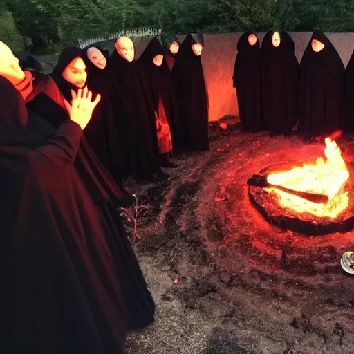 Image similar to a cult of black cloak wearing individuals summon a demonic kitten from the depths of a raging fire pit. Flames are emerging from fissures in the ground.