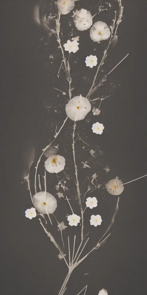 Image similar to fragile and delicate pressed flower collage, dark and moody, shallow dof 8k