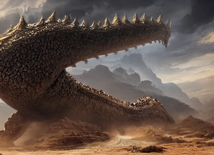 Prompt: a leviathan rising from the desert, fantasy, ultra realistic, highly detailed, epic landscape, ancient, atmosphere, cinematic, art by darwin cellis and liang yao and chenxi kang