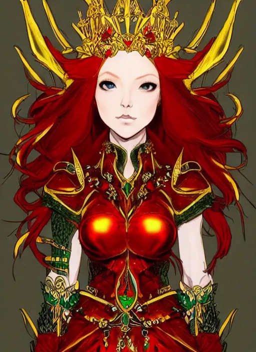 Image similar to Full body portrait of a beautiful red haired elven queen wearing red, green and gold ceremonial queen dress and elaborate golden crown. In style of Yoji Shinkawa and Hyung-tae Kim, trending on ArtStation, dark fantasy, great composition, concept art, highly detailed.