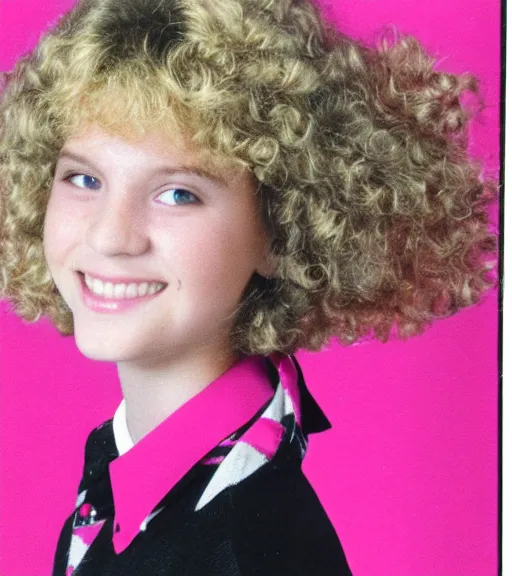 Image similar to 1 9 8 0 s highschool girl with big blonde hair, a black and white patterned shirt, magenta hair clip, yearbook photo