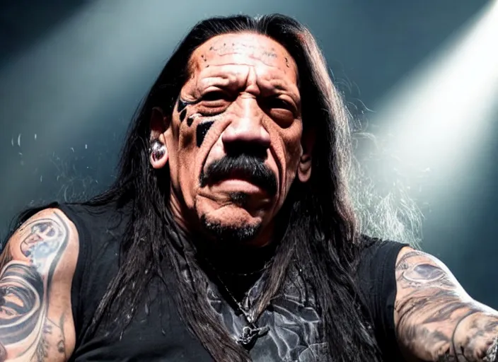 Image similar to publicity photo still of danny trejo in cradle of filth playing live on stage, 8 k, live concert lighting, mid shot