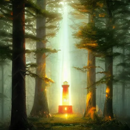 Image similar to a magical lighthouse in the middle of the woods, magical forest, by Jordan Grimmer and greg rutkowski, crisp lines and color,