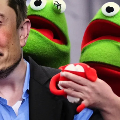 Prompt: elon musk eating kermit the frog