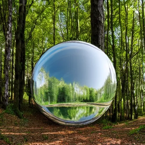 Prompt: a floating mirror sphere in a forest