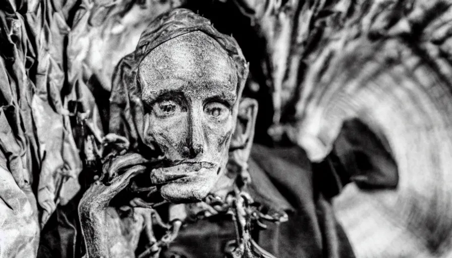 Image similar to 50s movie still close-up portrait of a skinny old male with a taxidermic mask and bones clothes in a liminal space style tunnel, early black and white 8mm, heavy grain, low quality,