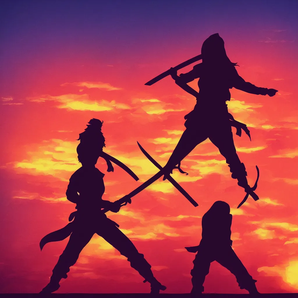 Prompt: woman ninja alone, silhouette with a katana, neon road, retrowave sunset, movie poster