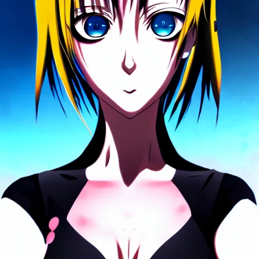 Prompt: female cyberpunk anime girl, yellow eye and red eye, symmetrical faces and eyes symmetrical body, middle shot waist up, Madhouse anime studios, Black Lagoon, Perfect Blue, Wit studio anime, studio lighting