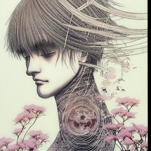 Image similar to prompt: Fragile looking soft light portrait face drawn by Takato Yamamoto and Katsuhiro Otomo, inspired by Ghost in Shell anime, magical and alchemical objects on the side, soft light, monochrome background, intricate detail, intricate ink painting detail, sharp high detail, manga and anime 2000