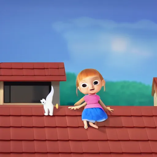 Image similar to a cute toddler girl is sleeping in her bedroom, while cats are making noise on the rooftops, pixar style