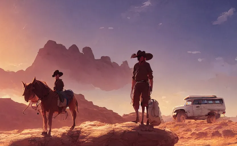 Image similar to a scene of a camper in the desert, a cowboy in the foreground looking epic, full shot, atmospheric lighting, detailed faces, by makoto shinkai, stanley artgerm lau, wlop, rossdraws