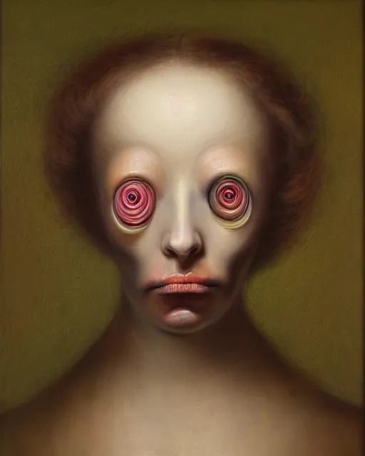 Image similar to strange, looming head, biomorphic painting of a woman with large eyes, pastel colours by, rachel ruysch, and charlie immer, highly detailed, fluid acrylic, airbrush art, timeless disturbing masterpiece